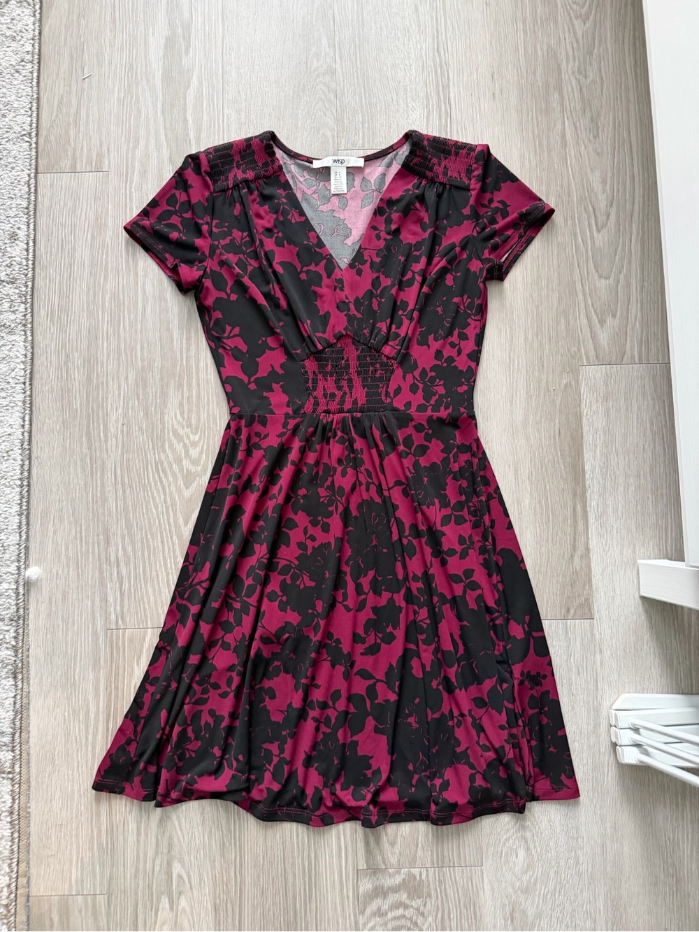 V-Neck Floral Mini Dress in Burgundy and Black - WOD